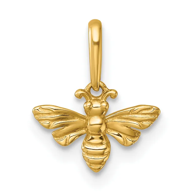 Gold bee pendant with detailed wings and segmented body, suspended from a curved bail with decorative loops.