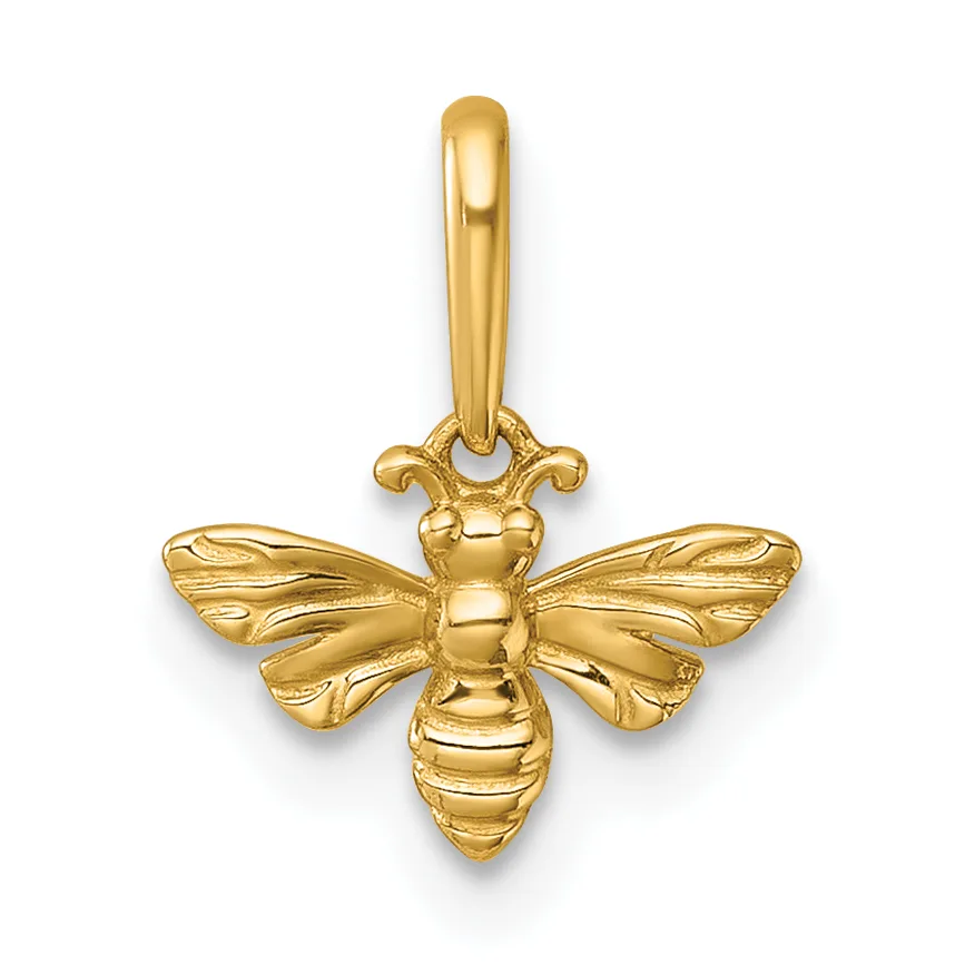 Gold bee pendant with detailed wings and segmented body, suspended from a curved bail with decorative loops.