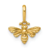 Gold bee pendant with detailed wings and segmented body, suspended from a curved bail with decorative loops.