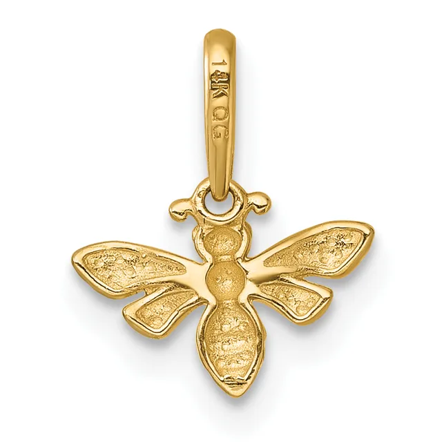 A gold bee charm pendant with textured wings and body, suspended from a rounded bail loop with a small stamped hallmark.
