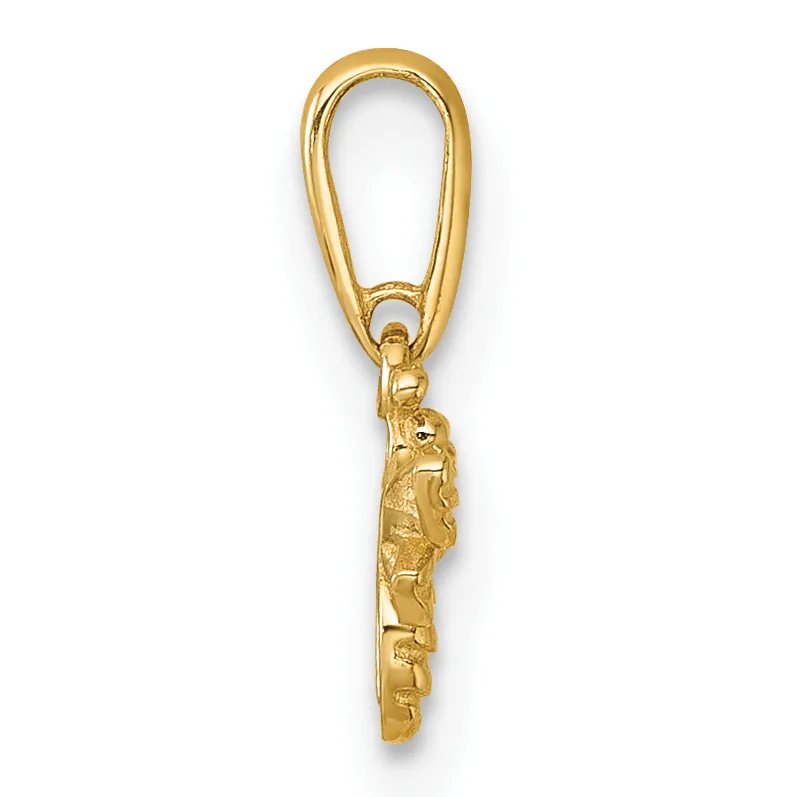 Gold-toned metal keychain with an elongated loop at the top and a decorative pendant charm hanging below featuring textured surface details.