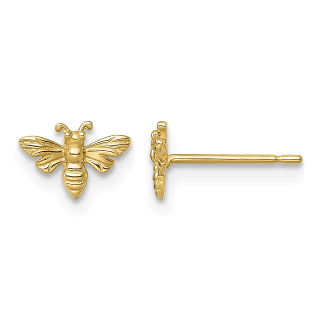 Pair of gold bee-shaped stud earrings shown from front and side view, featuring detailed wings and segmented body on post backs.