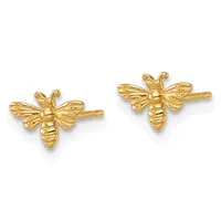 A pair of gold bee-shaped stud earrings with detailed wing and body texturing, shown from the front against a white background.