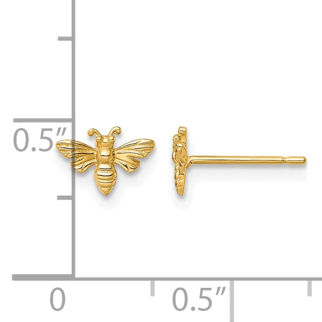 Pair of gold bee-shaped stud earrings shown next to a measurement scale indicating approximately 0.5 inches in length.