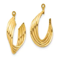 Two pairs of gold hoop earrings with ribbed textures and loops at the top, displayed against a white background.