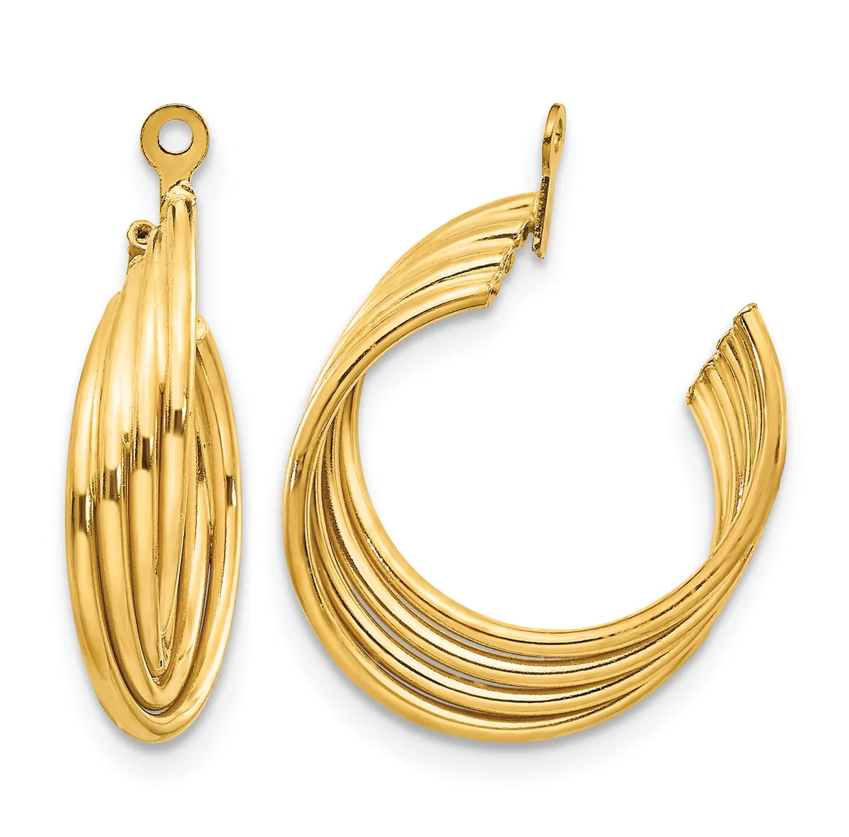 Pair of gold hoop earrings with ridged texture, shown from front and side views, featuring post and loop closures.