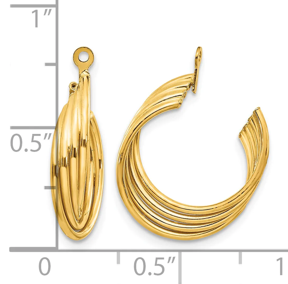 Gold-toned ridged hoop earrings with posts and backs, displayed next to a ruler showing approximately one inch in length.