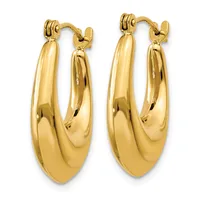 A pair of polished gold hoop earrings with a chunky, rounded oval shape and hinged clasp closures.