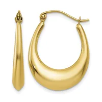 Pair of polished gold hoop earrings with a curved, tapered design and ear wire closures, shown from the front.