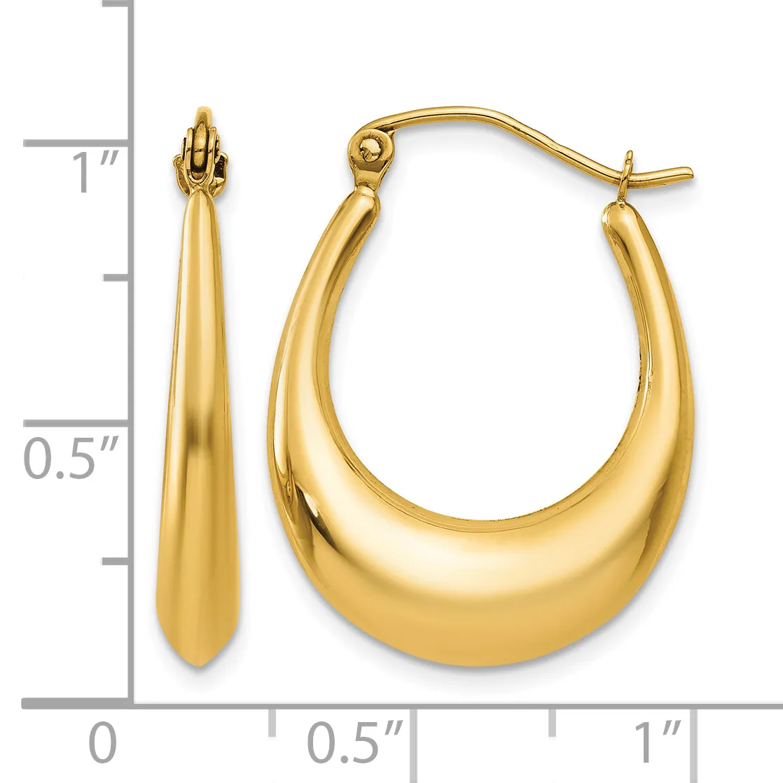 A pair of polished gold hoop earrings with curved, tapered designs and a measurement scale showing dimensions of approximately one inch in height.