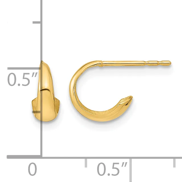 A pair of polished gold teardrop-shaped hoop earrings with posts, displayed against a measurement grid showing they are approximately 0.5 inches in length.