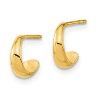 Pair of gold hoop earrings with polished curved tops and textured teardrop-shaped drops, shown on white background.