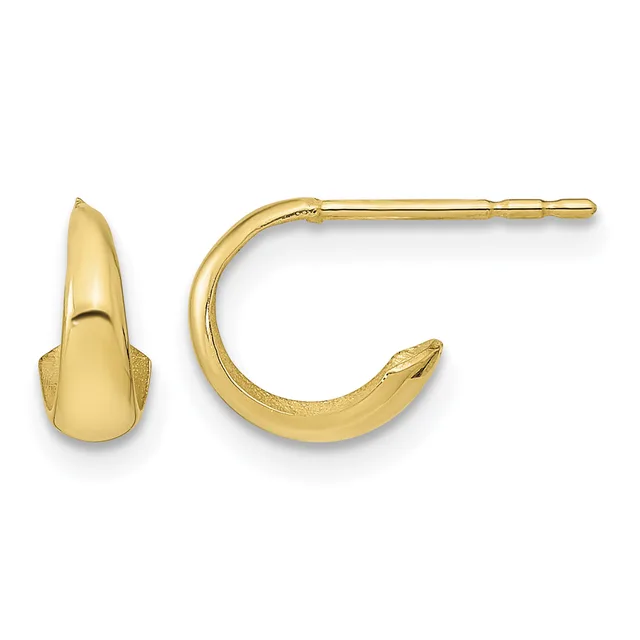 Pair of polished gold curved hoop earrings with post and back closures, displayed against a white background.