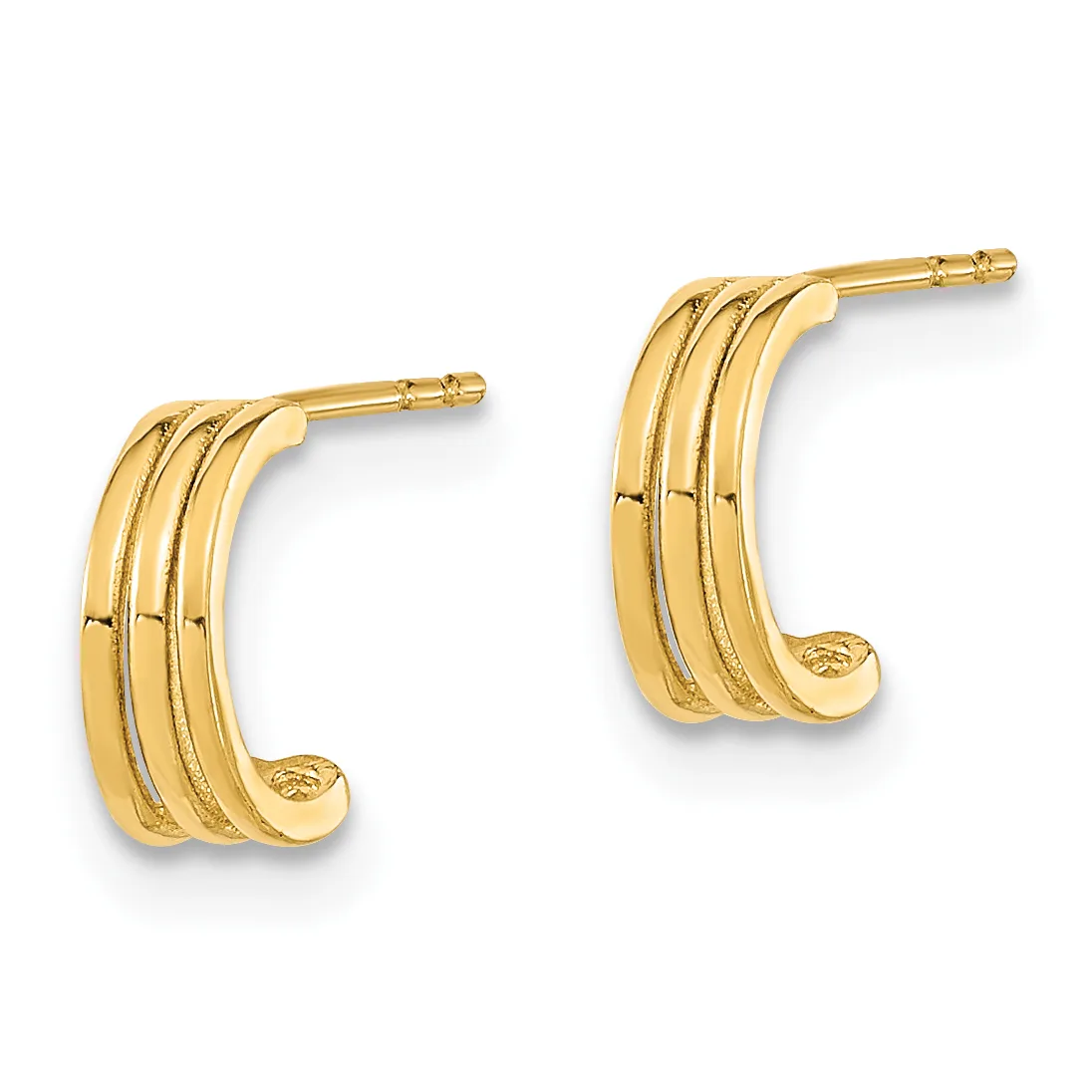 A pair of polished gold hoop earrings with three parallel ridged bands and small spherical posts, shown against a white background.