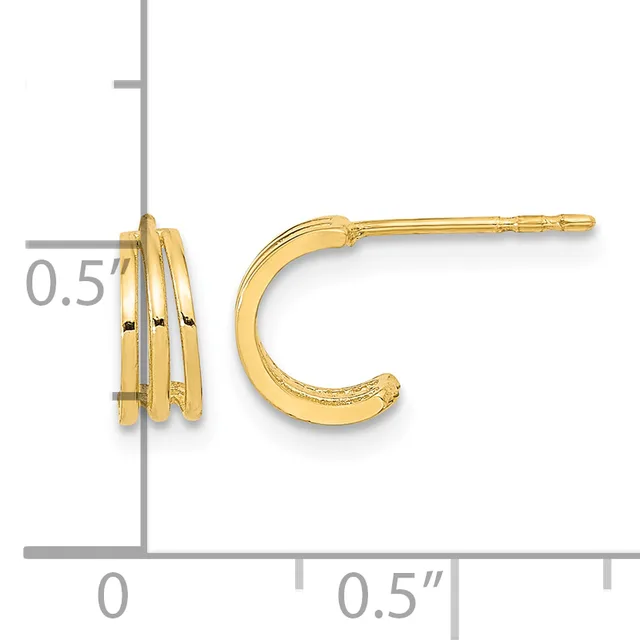 Pair of small gold hoop earrings with three parallel ridged bands, shown on a measurement grid indicating approximately 0.5 inches in width.