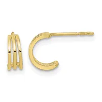 Pair of gold hoop earrings with three parallel ridged bands, shown from front and side views.
