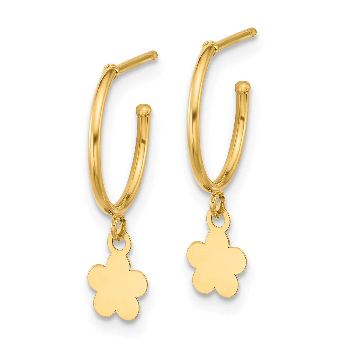 Pair of gold hoop earrings with small flower-shaped charms hanging from the bottom.