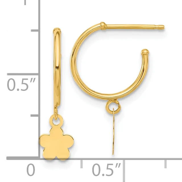 Pair of gold hoop earrings with small flower charm pendants, shown with measurement scale indicating approximately 0.5 inch diameter.