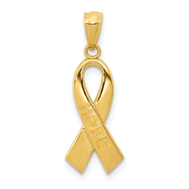 A gold awareness ribbon pendant with "HOPE" engraved on one side, suspended from a gold bail.