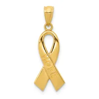 A gold awareness ribbon pendant with "HOPE" engraved on one side, suspended from a gold bail.