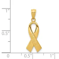 Gold ribbon awareness pendant with a small stamped hallmark, shown against a measurement scale indicating approximately one inch in height.