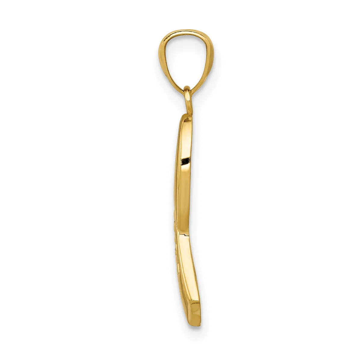 A long, slender gold pendant with a teardrop-shaped loop at the top and a flat rectangular body tapering to a rounded point at the bottom.