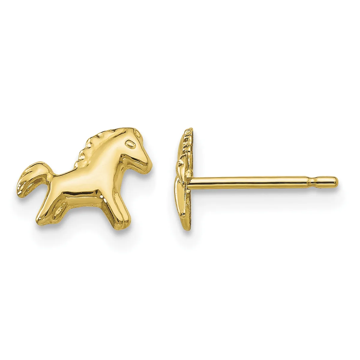 A pair of gold horse-shaped stud earrings shown from front and side views, displayed against a white background.