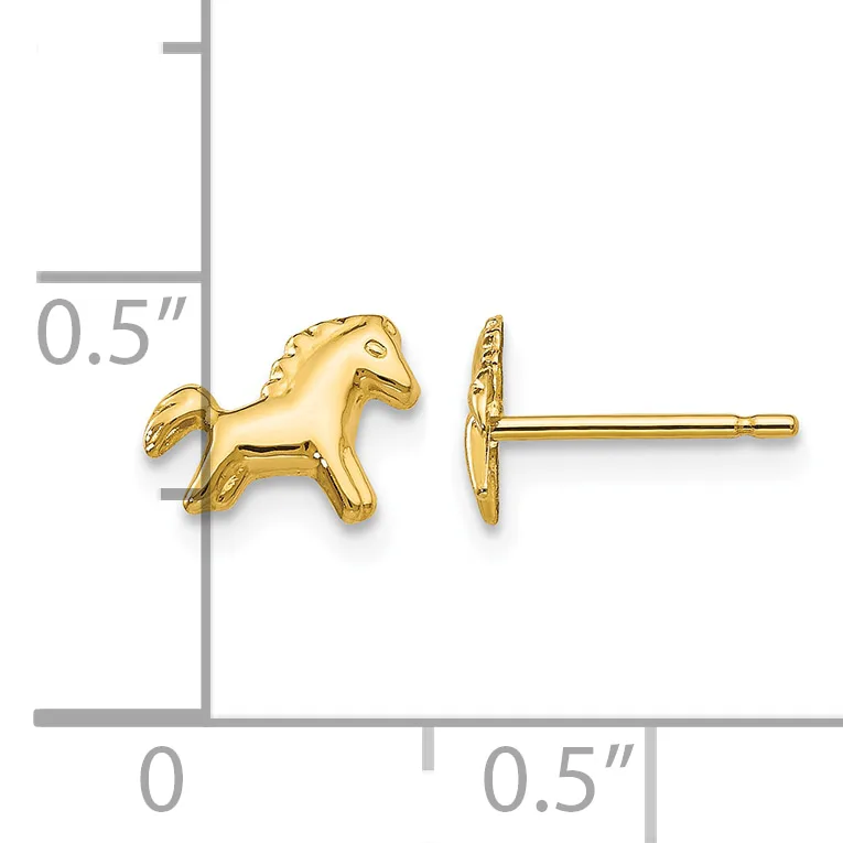 Gold horse stud earrings shown next to a ruler indicating they are approximately half an inch in size.