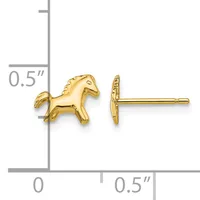 Gold horse stud earrings shown next to a ruler indicating they are approximately half an inch in size.