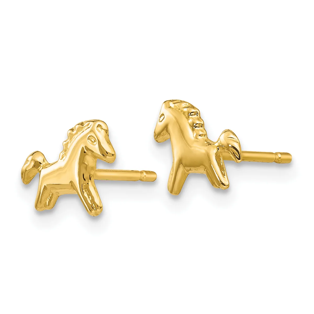 Pair of gold horse head stud earrings with post and clutch backs, shown from the front.