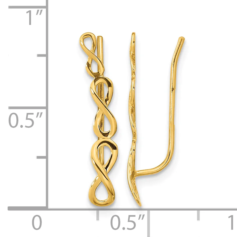 Two gold-toned curved ear wires displayed against a ruler showing measurements up to one inch.
