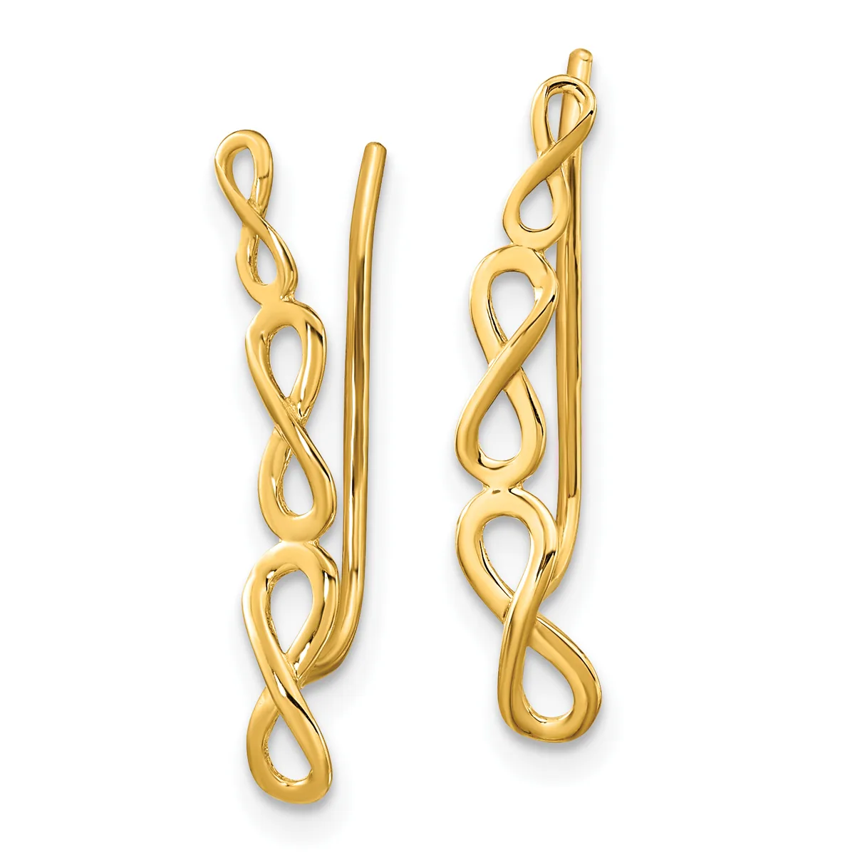 A pair of gold-colored elongated earrings with intertwined infinity symbol and teardrop cutout designs, shown against a white background.