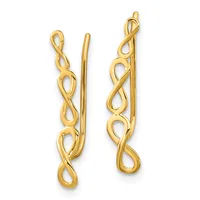 A pair of gold-colored elongated earrings with intertwined infinity symbol and teardrop cutout designs, shown against a white background.
