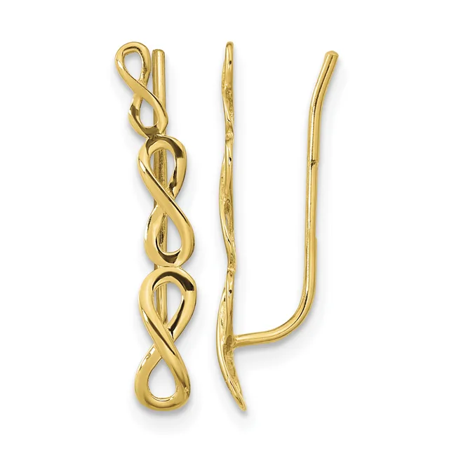 Pair of gold-toned earrings with twisted infinity loop designs on the left and smooth curved hook closures on the right, shown from multiple angles.