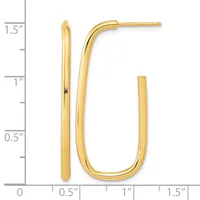 Two gold hoop earrings displayed against a measurement scale, one straight and one curved, each approximately 1.5 inches long.