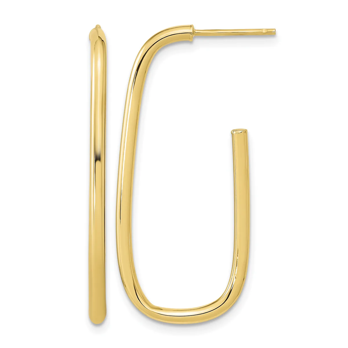 Pair of polished gold-toned rectangular hoop earrings with rounded corners, shown from the front and side views.