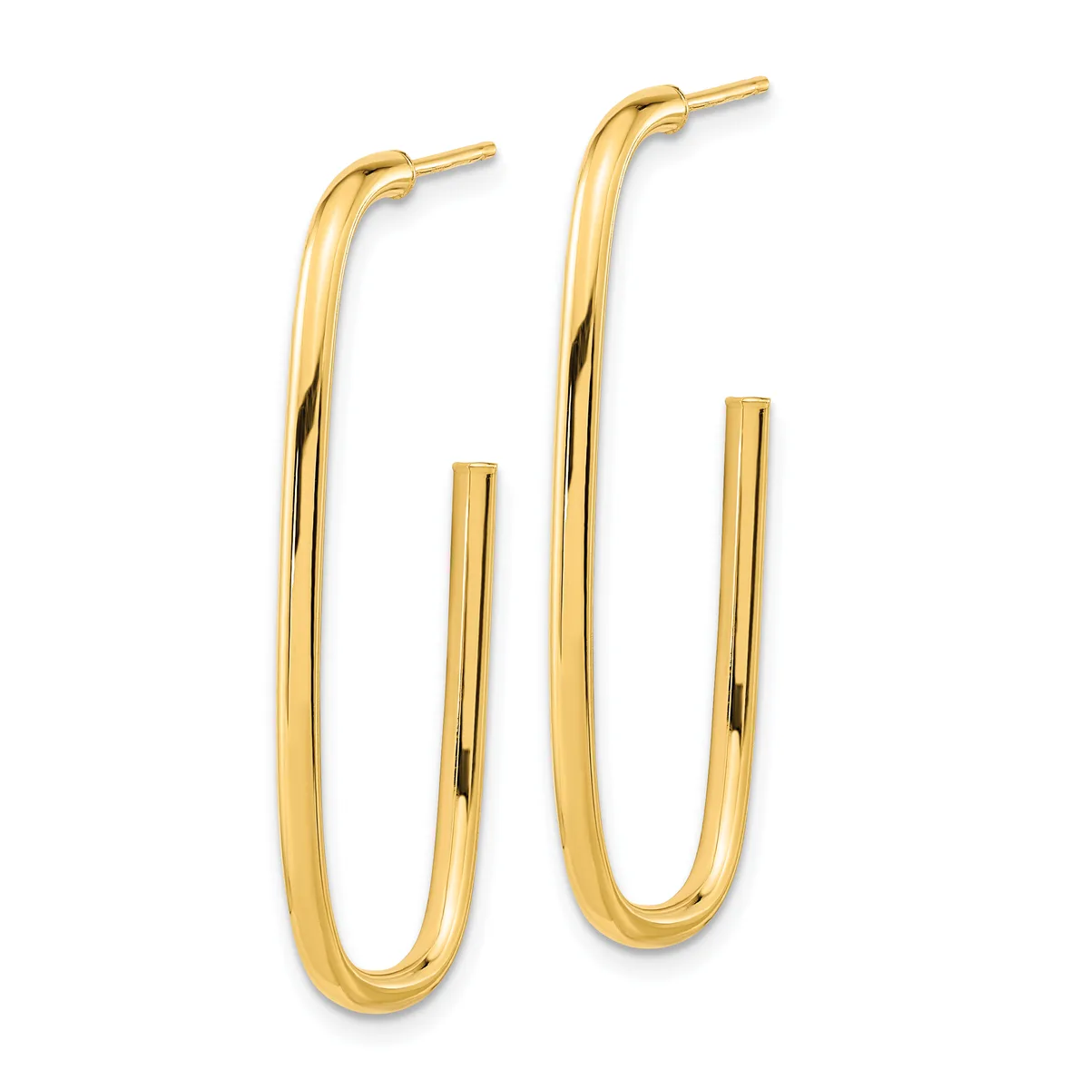 A pair of polished gold elongated oval hoop earrings with post and clutch backs, shown against a white background.