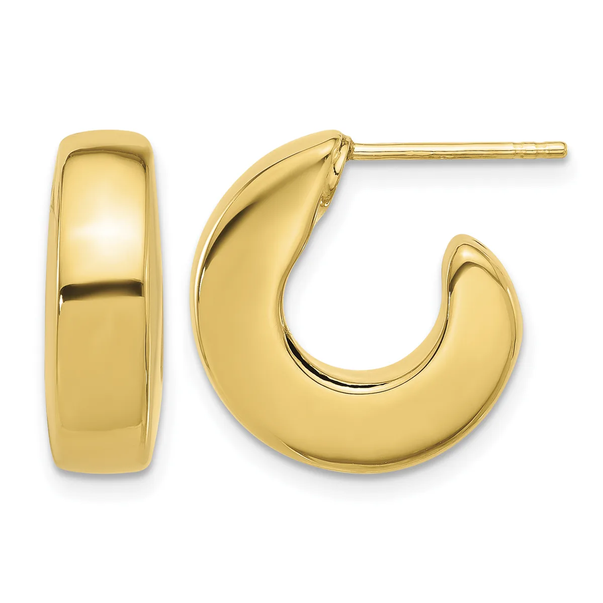 A pair of polished gold hoop earrings displayed from front and side views, showing chunky curved designs with a high shine finish.