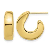 A pair of polished gold hoop earrings displayed from front and side views, showing chunky curved designs with a high shine finish.