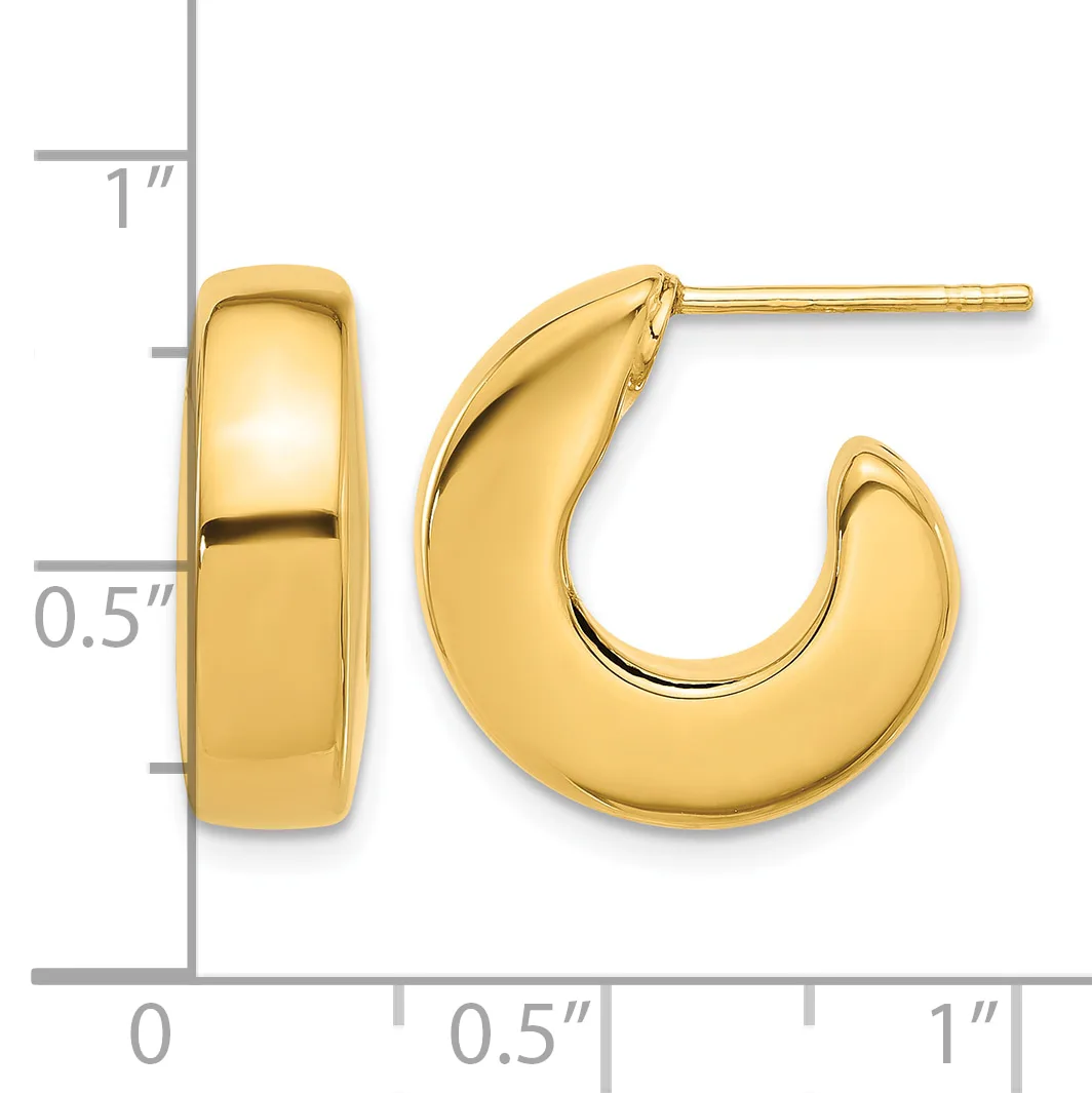 Polished gold curved hoop earrings with posts and backs, shown next to a measurement ruler indicating approximately one inch in length and half inch in width.
