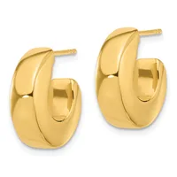 A pair of polished yellow gold chunky hoop earrings with a curved, tapered design and post backs, displayed side by side.