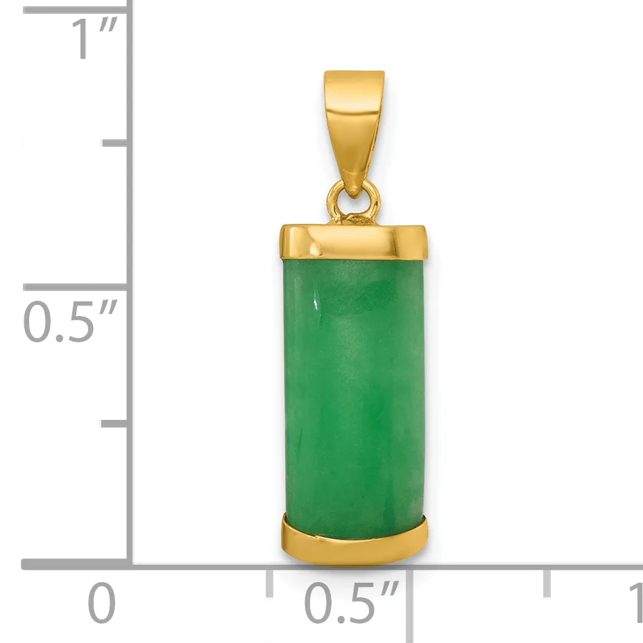 A cylindrical green jade pendant with polished gold-tone metal caps at the top and bottom, suspended from a matching bail, shown against a measurement scale.