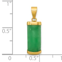 A cylindrical green jade pendant with polished gold-tone metal caps at the top and bottom, suspended from a matching bail, shown against a measurement scale.