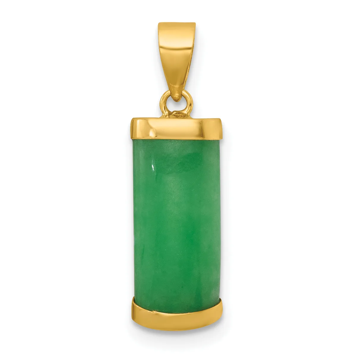 A cylindrical green jade pendant with gold-tone metal caps at the top and bottom, suspended from a gold-tone bail.