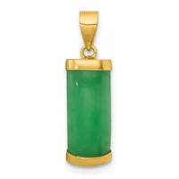 A cylindrical green jade pendant with gold-tone metal caps at the top and bottom, suspended from a gold-tone bail.