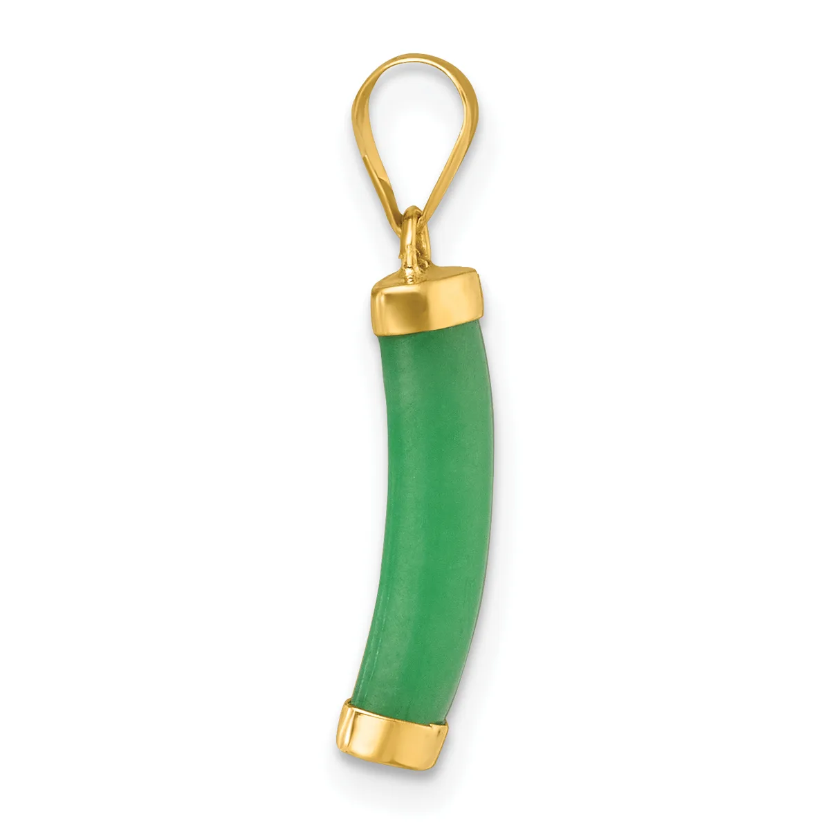 A curved green jade pendant with gold-toned metal caps at each end, suspended from a gold-toned loop bail.