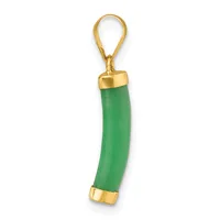 A curved green jade pendant with gold-toned metal caps at each end, suspended from a gold-toned loop bail.