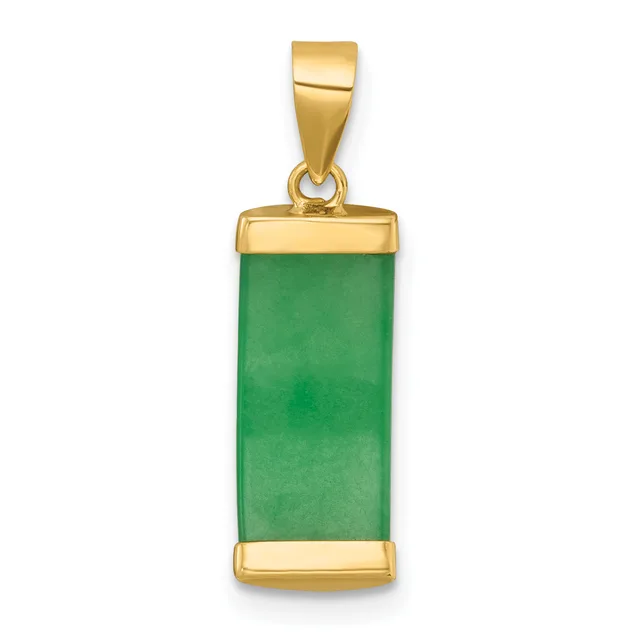 A rectangular green jade pendant with polished gold-tone metal bezels at the top and bottom, suspended from a matching gold-tone bail.