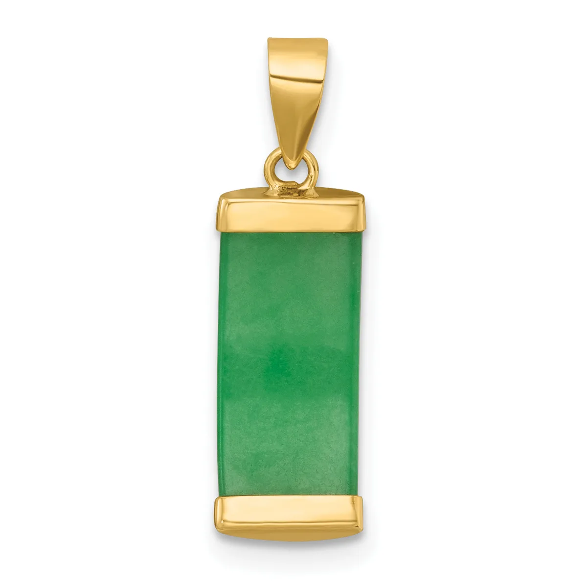 A rectangular green jade pendant with polished gold-tone metal bezels at the top and bottom, suspended from a matching gold-tone bail.