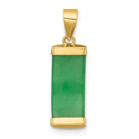 A rectangular green jade pendant with polished gold-tone metal bezels at the top and bottom, suspended from a matching gold-tone bail.
